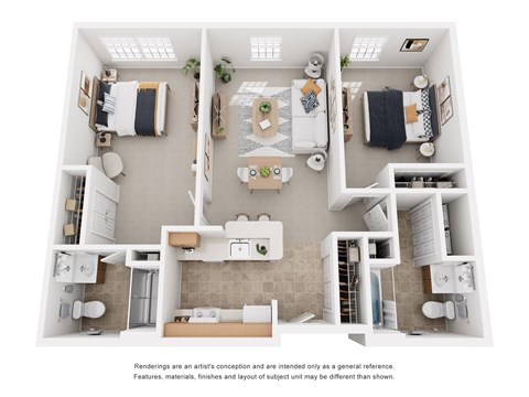 Floor plan for 2 beds, 2 baths, 886 sqft